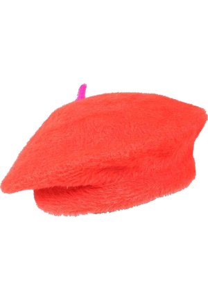 Koeheline erksate oranž beret, millel on tasane, ümar kuju ja väike roosa aktsent peal. Pehme tekstuur, ilma nähtavate mustriteta.