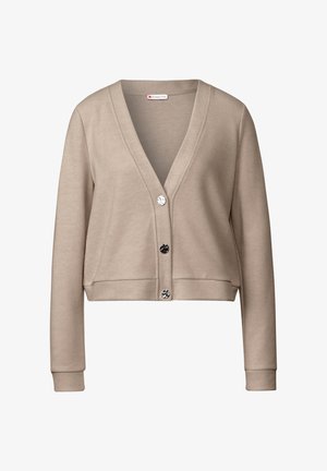 Beige cropped cardigan with a V-neck, long sleeves, and four black buttons down the front. Made from soft, smooth fabric.