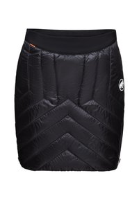 Black insulated skirt with a chevron quilted pattern, elastic waistband, and a logo detail on the side. Lightweight, water-resistant material.
