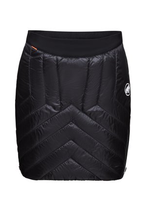 Black insulated skirt with a chevron quilted pattern, elastic waistband, and a logo detail on the side. Lightweight, water-resistant material.