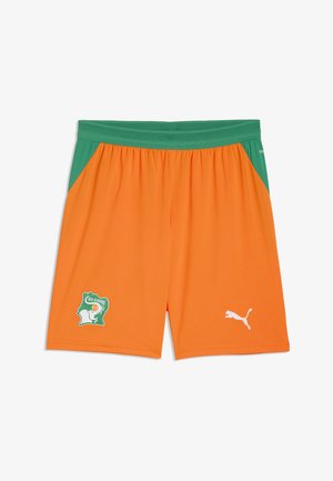 Orange sports shorts med grøn linning og sidepaneler, med Côte d'Ivoire fodboldemblem og hvidt Puma-logo foran.