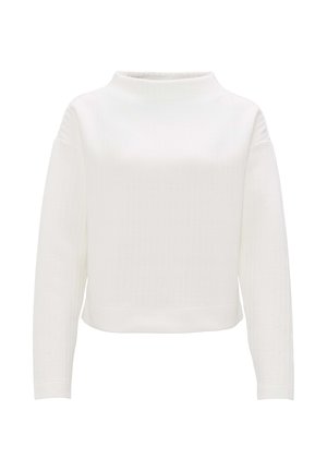 Pull blanc court avec des manches longues, col haut et tissu texturé présentant un subtil motif en côtes. Fini lisse, design minimal.