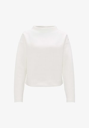 Pull blanc court avec des manches longues, col haut et tissu texturé présentant un subtil motif en côtes. Fini lisse, design minimal.