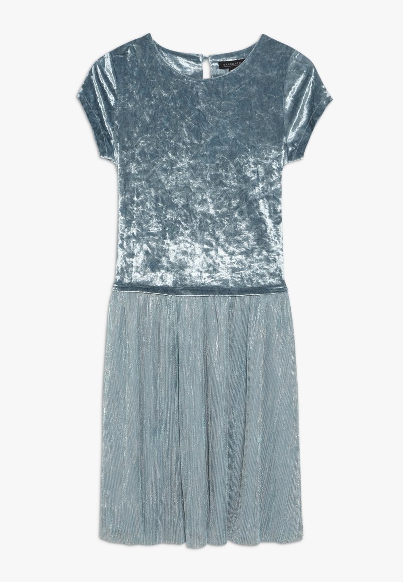 Velvet dress in light blue with short sleeves, round neckline, and a pleated skirt featuring a subtle shimmer. Keyhole back closure.