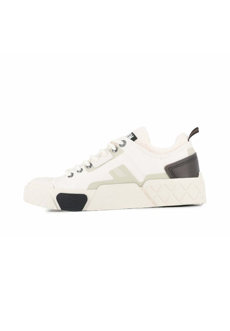 White and cream sneaker with a textured mesh upper, grey accents, a rubber sole, and a black heel cap. Features six eyelets for laces.