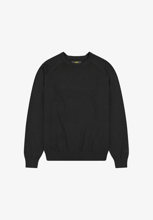 Czarny sweter z okrągłym dekoltem, ściągaczami na mankietach i dole. Wykonany z miękkiego materiału o gładkiej fakturze, z rękawami raglanowymi.