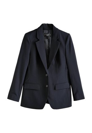 Námořnický modrý blazer s řemeslným designem, dvěma předními kapsami a dvěma knoflíky. Vyrobeno z hladkého materiálu s strukturovaným límečkem a podšívkou.