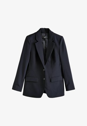 Námořnický modrý blazer s řemeslným designem, dvěma předními kapsami a dvěma knoflíky. Vyrobeno z hladkého materiálu s strukturovaným límečkem a podšívkou.