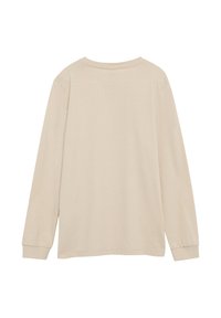 Beige Langarmshirt mit Rundhalsausschnitt und lockerer Passform. Sanfte Textur, keine sichtbaren Muster, schlichtes Design mit schmal zulaufenden Ärmeln.