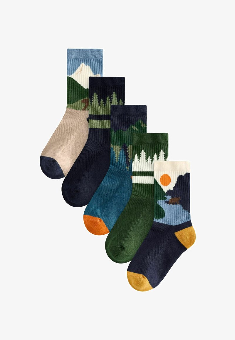 Cinq paires de chaussettes avec des motifs de paysages variés. Les matériaux sont côtelés, les couleurs incluent bleu, vert, marine et beige avec des accents variés au niveau des orteils.