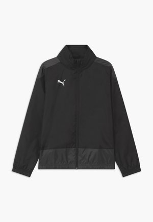 Schwarze Windbreaker-Jacke mit einem Reißverschluss vorne, hohem Kragen, elastischen Bündchen und grauen Akzenten. Sie hat ein weißes Puma-Logo auf der Brust.