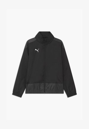 Schwarze Windbreaker-Jacke mit einem Reißverschluss vorne, hohem Kragen, elastischen Bündchen und grauen Akzenten. Sie hat ein weißes Puma-Logo auf der Brust.