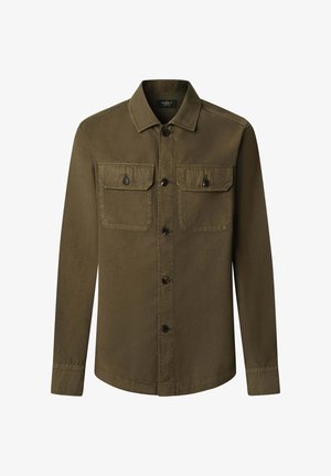 Olijfgroene overhemdjack van katoen, met een knoopsluiting aan de voorkant, twee borstzakken met knoopkleppen en lange mouwen.