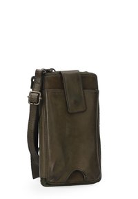 Olive green leather phone pouch with a zip closure, front flap, and detachable strap. Smooth texture with subtle stitching details.