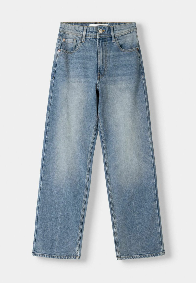 Hellblaue Denim-Jeans mit einem lockeren Schnitt, geraden Beinen, fünf Taschen und Kontrastnähten. Ausgestattet mit einem klassischen Knopf- und Reißverschluss.
