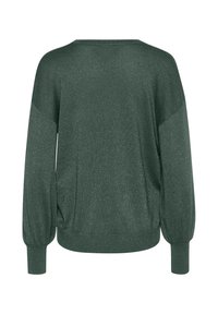 Sweatshirt verde glitter con una vestibilità comoda, spalle scese, polsini a costine e scollatura rotonda. La texture sembra morbida e luccicante.