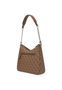 Sac à main marron avec un motif, doté d'une poche avant zippée, d'une chaîne et d'une bandoulière en cuir, et d'une forme arrondie et décontractée. Tissu texturé avec un design de logo.