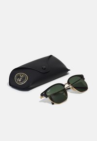 Black sunglasses with gold accents and green lenses. Comes with a black leather case featuring a circular logo in gold.