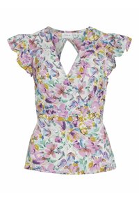 Blouse cache-cœur à fleurs avec manches courtes évasées, fleurs pastel roses, violettes, jaunes, vertes, et une découpe en forme de trou de serrure au niveau du col.