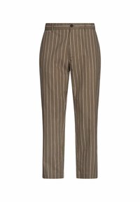 Braun geringelte Hose aus leichtem Stoff, mit vertikalen Linien in zartem Rosa, einem Knopfverschluss und geradem Schnitt.