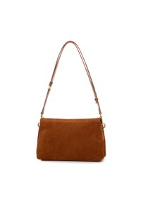 Bruine suède schoudertas met een enkele bruine leren schouderband en gouden accenten. Rechthoekige vorm met een zachte textuur en een minimalistisch design.