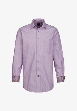 Camicia a maniche lunghe di un violaceo chiaro con colletto a punta, tasca sul petto sinistro e dettagli decorativi sui polsini. Chiusura frontale con bottoni.