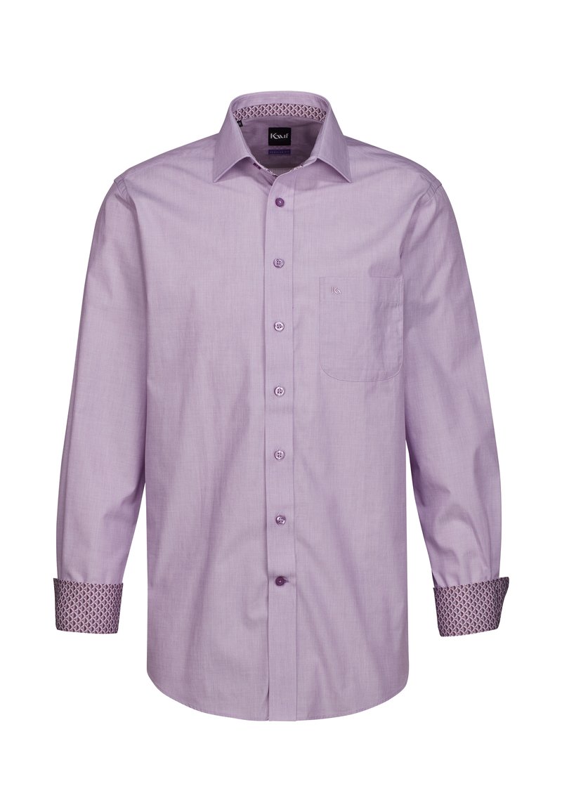 Camicia a maniche lunghe di un violaceo chiaro con colletto a punta, tasca sul petto sinistro e dettagli decorativi sui polsini. Chiusura frontale con bottoni.