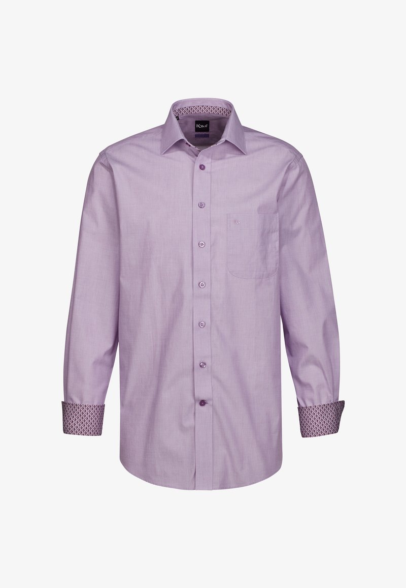 Camicia a maniche lunghe di un violaceo chiaro con colletto a punta, tasca sul petto sinistro e dettagli decorativi sui polsini. Chiusura frontale con bottoni.