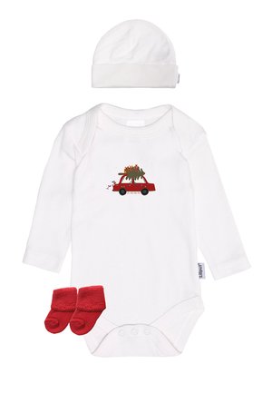 White long-sleeve onesie featuring a red car graphic with animals on top, paired with red fleece booties and a white beanie.