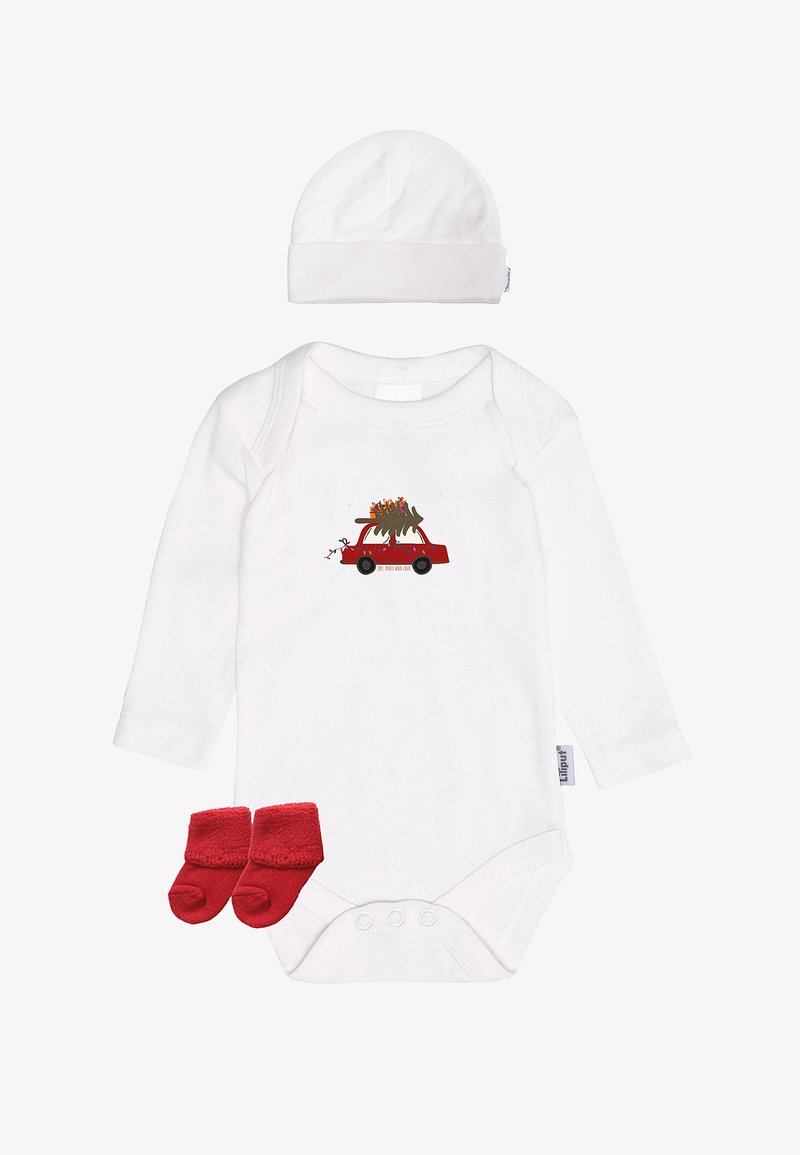 White long-sleeve onesie featuring a red car graphic with animals on top, paired with red fleece booties and a white beanie.