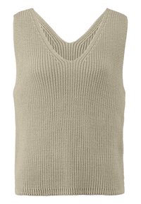 Top in maglia beige, senza maniche, con scollatura a V, caratterizzato da un motivo testurizzato e orlo a costine, di peso medio.
