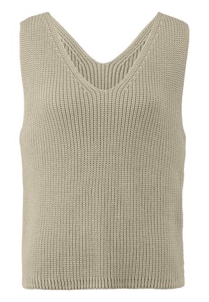 Débardeur tricoté beige avec un col en V, présentant un motif texturé et un ourlet côtelé, sans manches et de poids moyen.