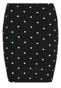 Jupe noire à pois blancs ; coupe ajustée ; fabriquée en tissu doux ; texture lisse ; longueur au genou avec une ceinture unie.