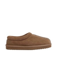Brown suede slipper with a rounded collar, stitched accents along the front, and a textured, flexible rubber sole.