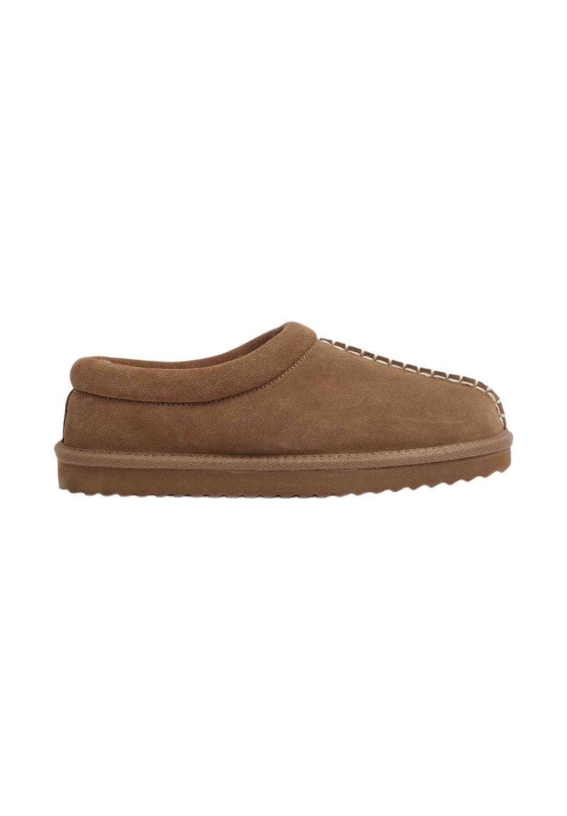 Brown suede slipper with a rounded collar, stitched accents along the front, and a textured, flexible rubber sole.
