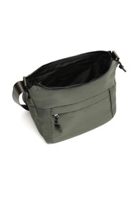 Borsa a spalla verde in nylon con scomparto principale con zip, tasca frontale, tracolla regolabile e superficie liscia.