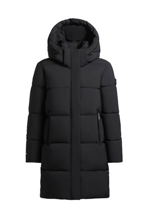 Černá péřová bunda s vysokým límcem a velkou kapucí. Obsahuje boční kapsy na zip, prošívaný design a rovný střih.