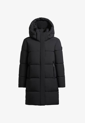 Schwarze Pufferjacke mit hohem Kragen und großer Kapuze. Verfügt über Reißverschlusstaschen an den Seiten, ein gestepptes Design und einen geraden Schnitt.