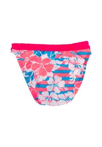 Kąpielówki w kwiatowy wzór z różowo-białymi kwiatami hibiskusa na niebieskich i różowych paskach. Posiadają elastyczny pas.