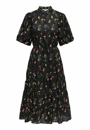 Fekete midi ruha puffos ujjakkal, réteges szoknyával, rózsaszín, sárga és kék virágmintával, valamint derékpánttal.