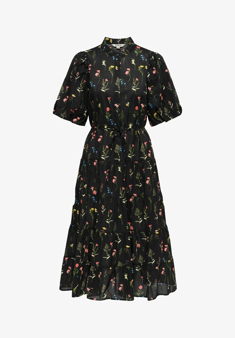 Robe midi noire à manches bouffantes, jupe à volants, imprimé floral en rose, jaune et bleu, et ceinture nouée à la taille.