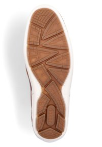 Semelle en caoutchouc avec un motif texturé brun, bord blanche et un logo. Le profil présente diverses formes géométriques pour l'adhérence.
