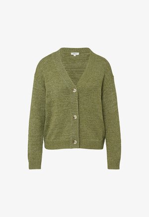 Groene gebreide cardigan met V-hals, lange mouwen, drie beige knopen en geribbelde boorden en zoom.