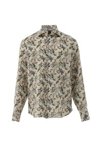 Camicia a maniche lunghe in tessuto beige chiaro con un motivo floreale e foglioso nei toni del verde, blu e marrone, con chiusura a bottoni e colletto.