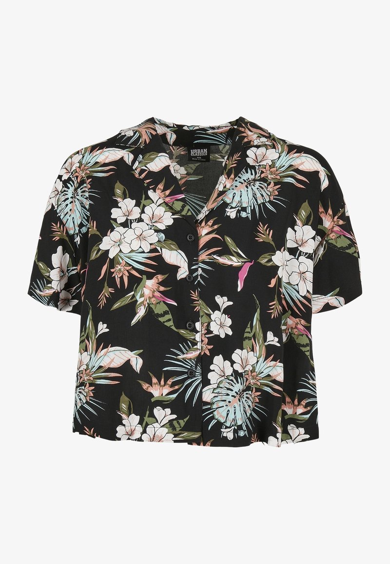 Short-sleeve, black floral blouse featuring white flowers and green leaves. Button-down front with a camp collar. Lightweight fabric.