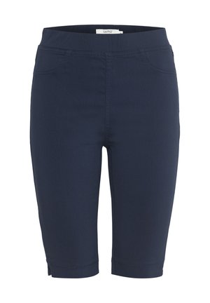 Navy blue stretch shorts with a mid-rise waistband, featuring side pockets and hem slits for ease of movement. Smooth fabric texture.