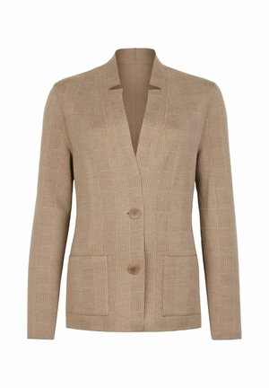 Beige stickad blazer med en strukturerad rutmönster, snedkrage, två framfickor och två knappar, med en skräddarsydd passform.