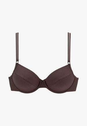 Brown padded bra with adjustable straps, seamless cups, and subtle stitching details, designed for comfort and support.