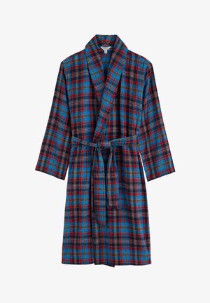 Kára župan s modrou, červenou a čiernou farbou, vyrobený z mäkkého materiálu, s pásom v páse a šálovým golierom. Dlhé rukávy sú súčasťou.