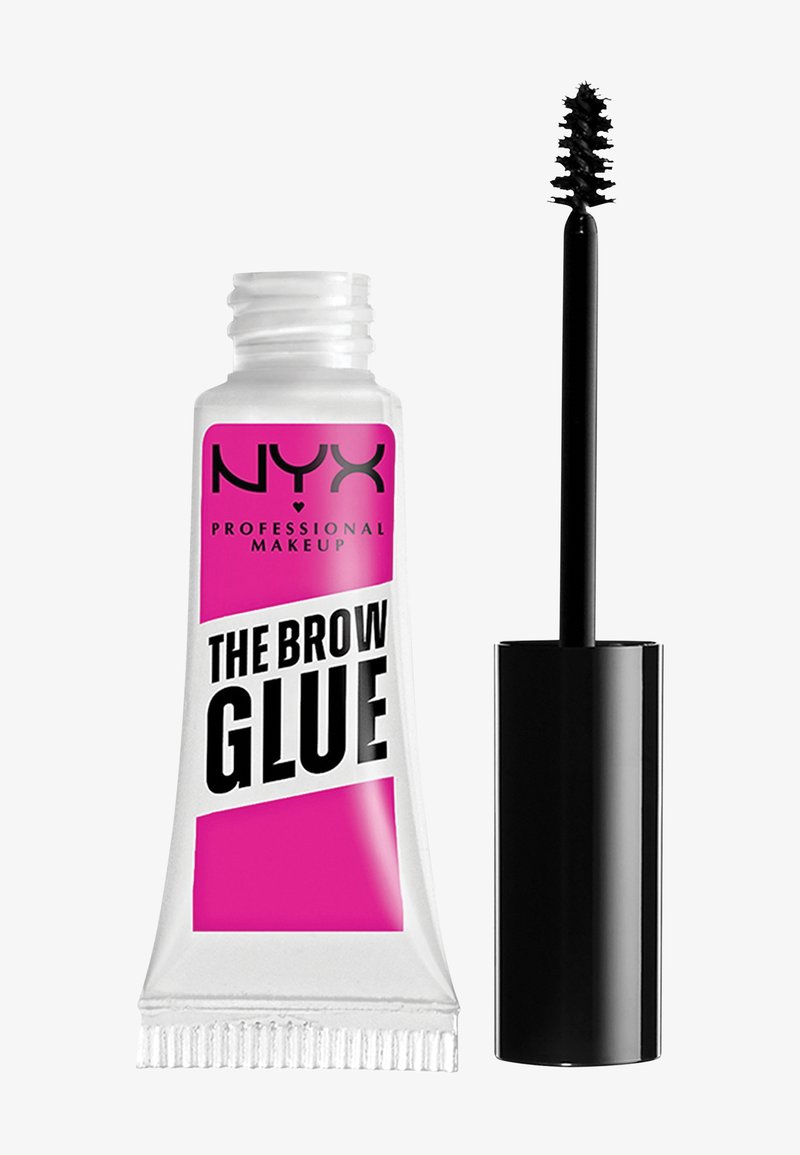 NYX Professional Makeup The Brow Glue Tube neben einer schwarzen Spoolie-Bürstenapplikator auf weißem Hintergrund.